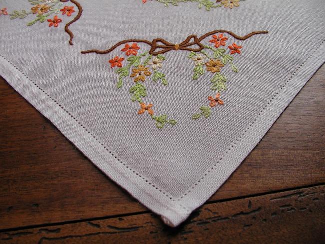 So romantic tray cloth with hand-embroidered flowers and ribbons