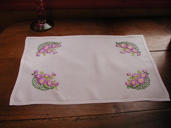 So sweet hand-embroidered tray cloth with baskets full of pansies