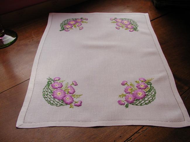 So sweet hand-embroidered tray cloth with baskets full of pansies