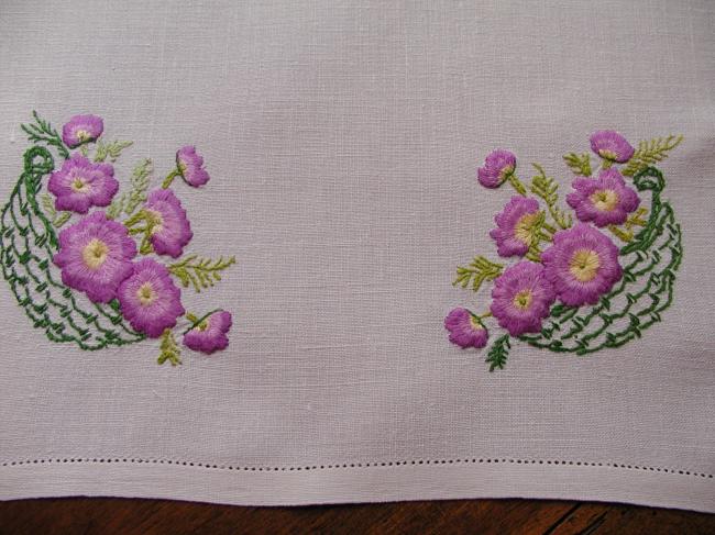 So sweet hand-embroidered tray cloth with baskets full of pansies