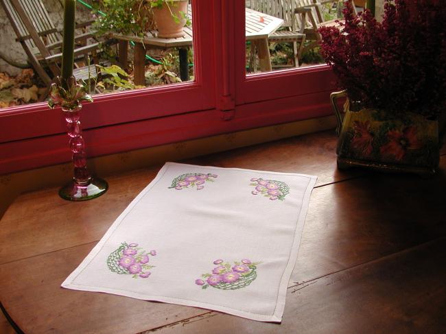 So sweet hand-embroidered tray cloth with baskets full of pansies