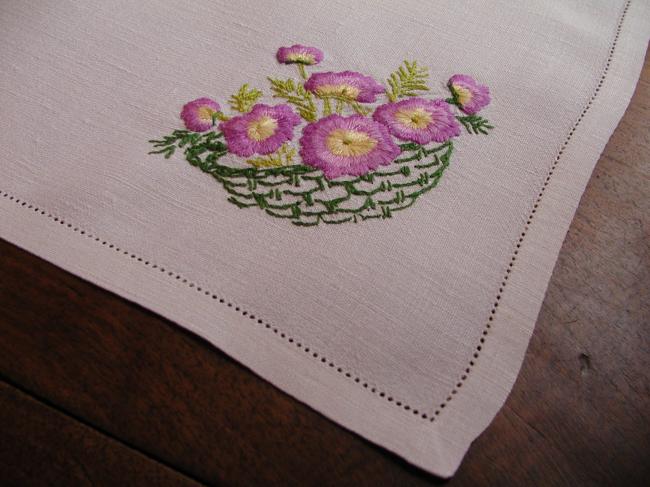 So sweet hand-embroidered tray cloth with baskets full of pansies