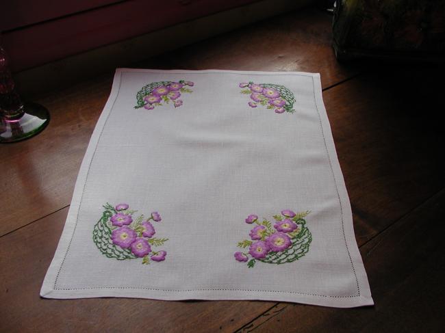 So sweet hand-embroidered tray cloth with baskets full of pansies