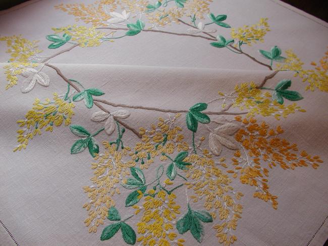 Breathtaking tablecloth with hand-embroidered blooming golden rain tree