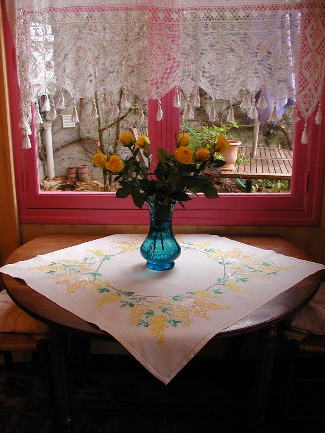 Breathtaking tablecloth with hand-embroidered blooming golden rain tree