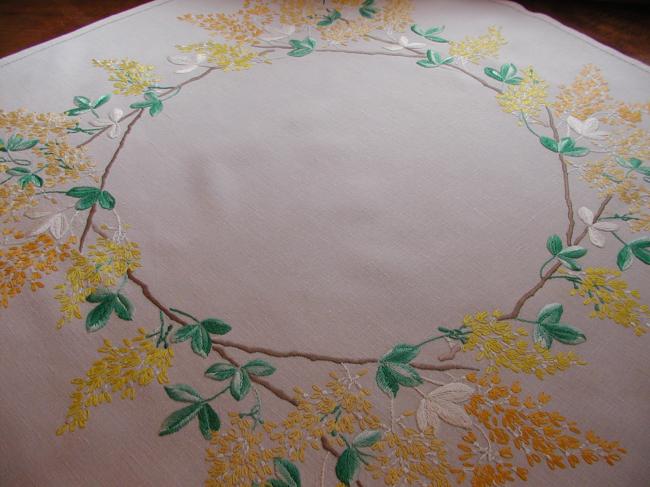 Breathtaking tablecloth with hand-embroidered blooming golden rain tree