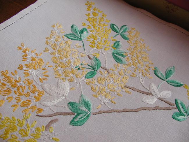 Breathtaking tablecloth with hand-embroidered blooming golden rain tree