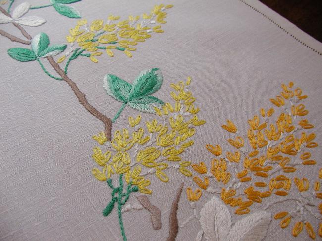 Breathtaking tablecloth with hand-embroidered blooming golden rain tree