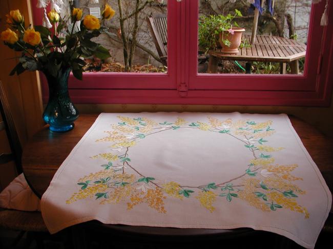 Breathtaking tablecloth with hand-embroidered blooming golden rain tree