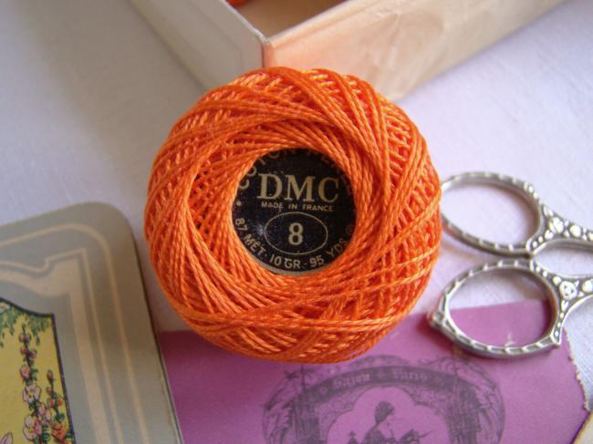 Ancienne Bobine de Coton perlé DMC, N°8, nuance 608 (orange coquelicot), 10gr