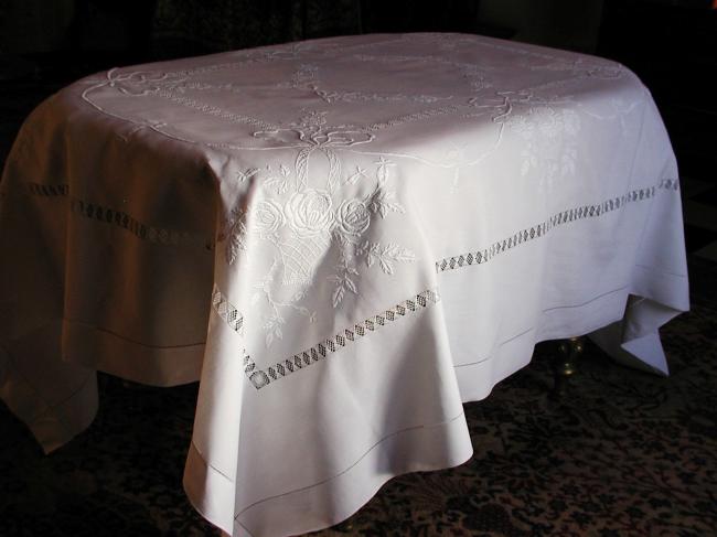 Exceptional tablecloth with gorgeous raised embroidered basket of roses 1900