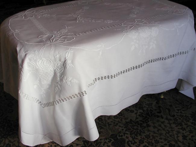 Exceptional tablecloth with gorgeous raised embroidered basket of roses 1900