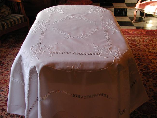 Exceptional tablecloth with gorgeous raised embroidered basket of roses 1900