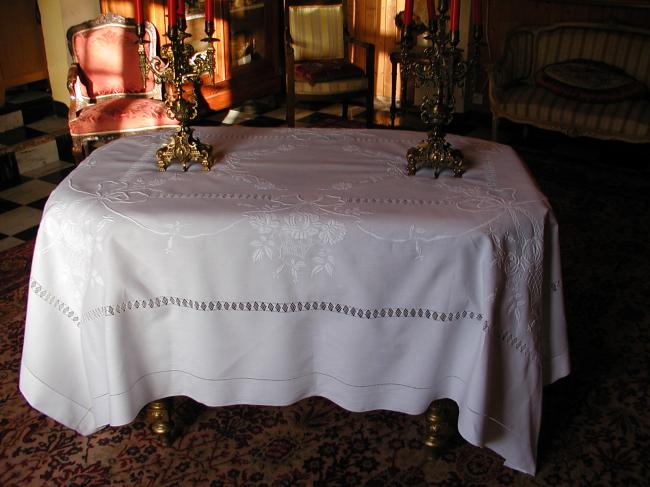 Exceptional tablecloth with gorgeous raised embroidered basket of roses 1900