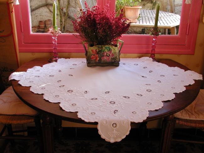 Striking hand-embroidered Mountmellick tablecloth with Passion flowers 1880