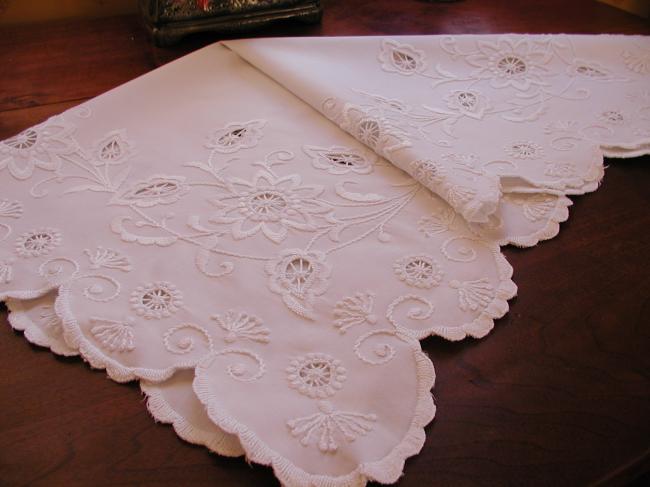 Striking hand-embroidered Mountmellick tablecloth with Passion flowers 1880