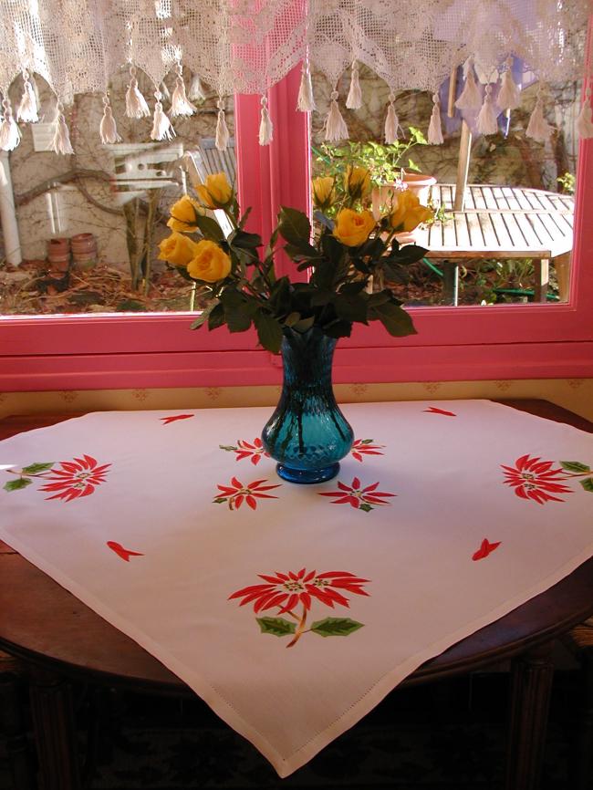 Gorgeous hand-embroidered tablecloth with Poinsetta flowers