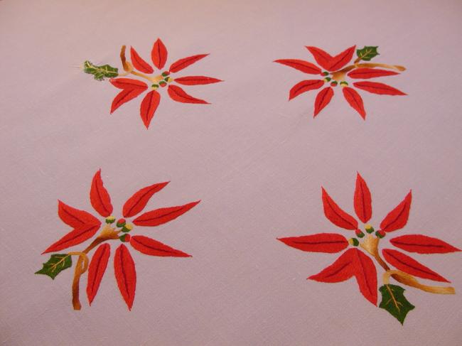 Gorgeous hand-embroidered tablecloth with Poinsetta flowers