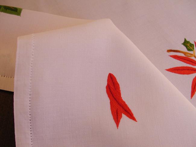 Gorgeous hand-embroidered tablecloth with Poinsetta flowers