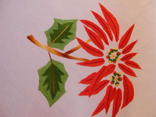 Gorgeous hand-embroidered tablecloth with Poinsetta flowers