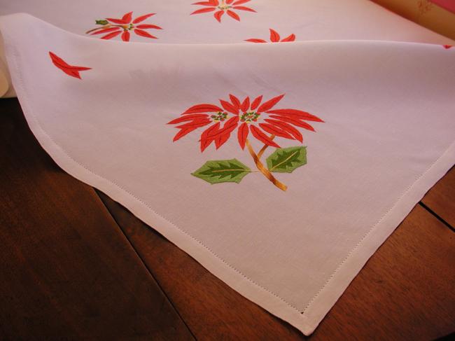 Gorgeous hand-embroidered tablecloth with Poinsetta flowers