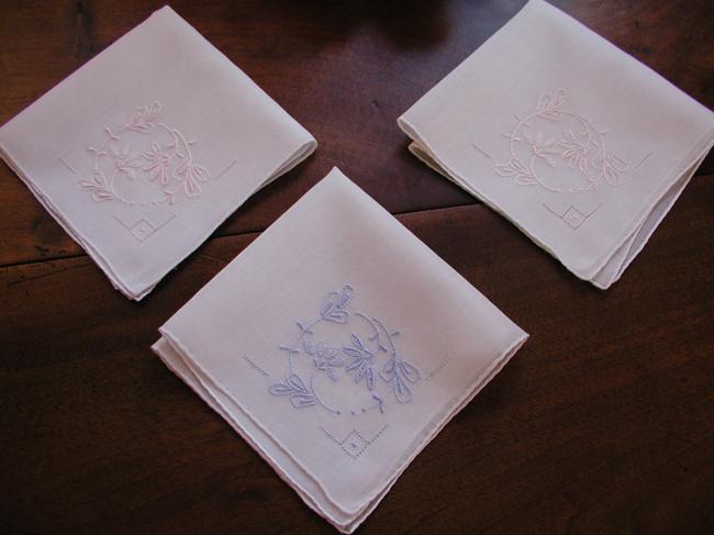 3 lovely romantic handkerchiefs with blue and pink hand-embroidered flowers