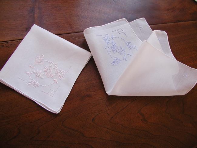 3 lovely romantic handkerchiefs with blue and pink hand-embroidered flowers