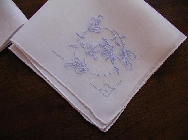 3 lovely romantic handkerchiefs with blue and pink hand-embroidered flowers