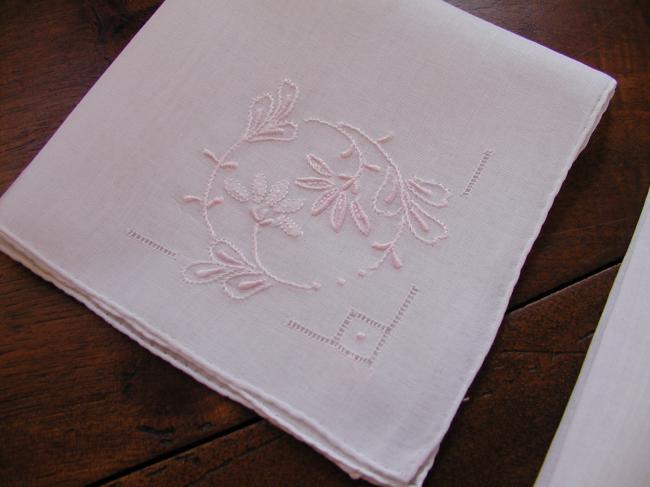 3 lovely romantic handkerchiefs with blue and pink hand-embroidered flowers