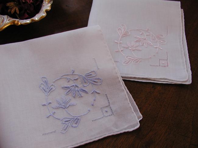 3 lovely romantic handkerchiefs with blue and pink hand-embroidered flowers