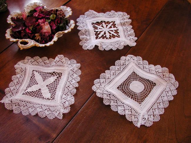 Wonderful set of 3 doilies with Tenerife works and bobbin lace edging