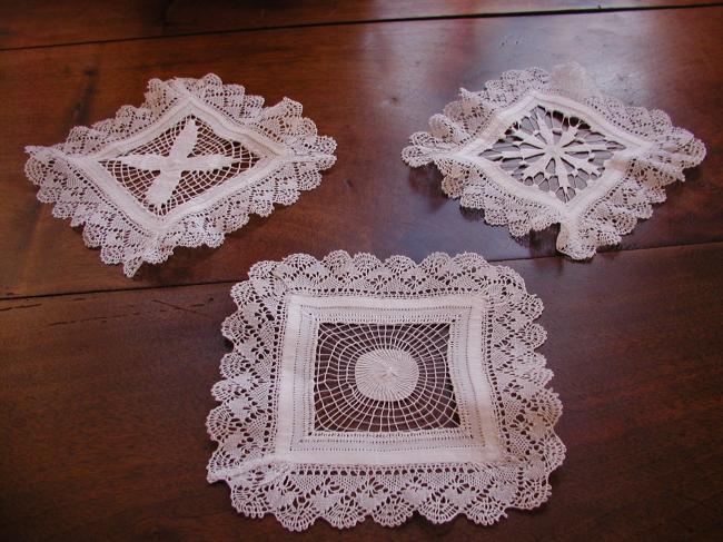 Wonderful set of 3 doilies with Tenerife works and bobbin lace edging