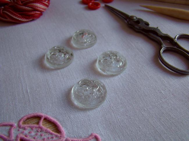 Superbe bouton en verre moulé transparent,  petites fleurs sur coupelle 1900