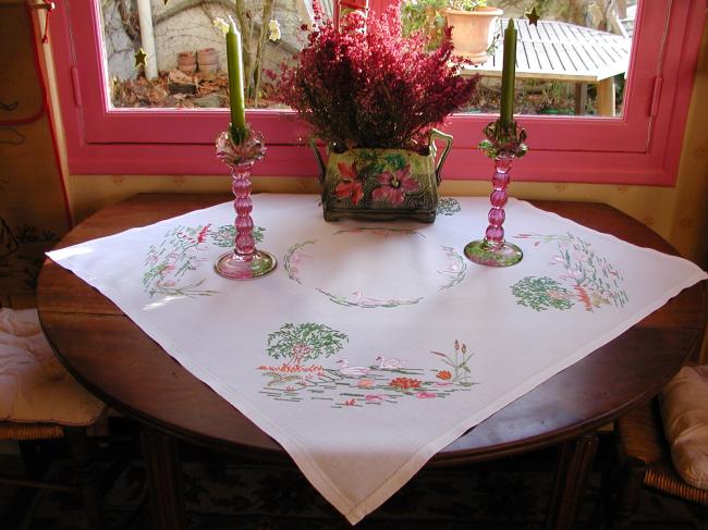 Gorgeous small tablecloth with hand-embroidered scene of swans on water