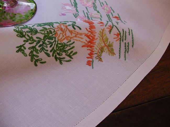 Gorgeous small tablecloth with hand-embroidered scene of swans on water