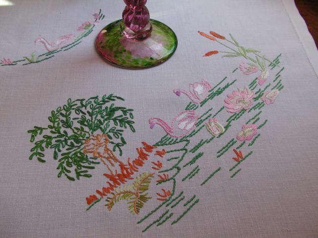 Gorgeous small tablecloth with hand-embroidered scene of swans on water