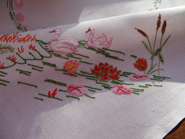 Gorgeous small tablecloth with hand-embroidered scene of swans on water