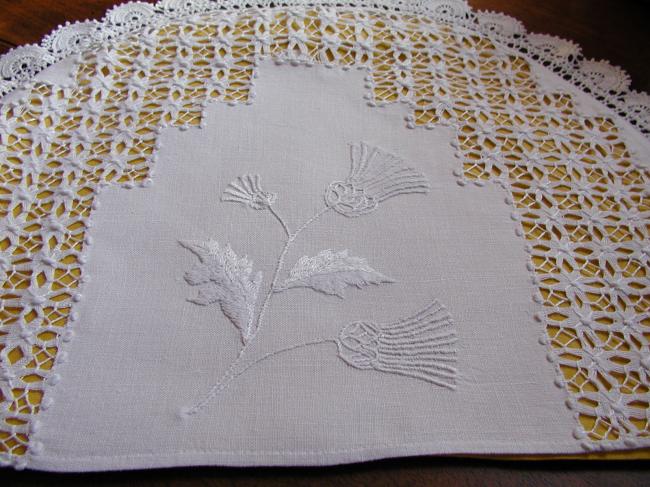 Wonderful tea-cosy with drawn thread works and embroidered thistle and mono W