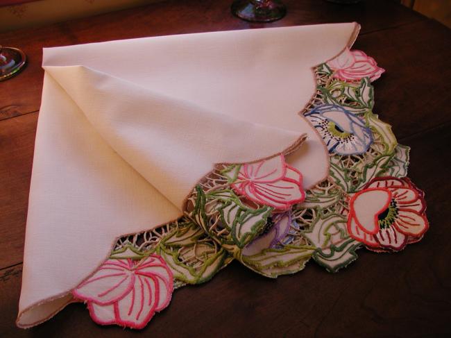 Breathtaking tablecloth with rich colours embroidered anemones