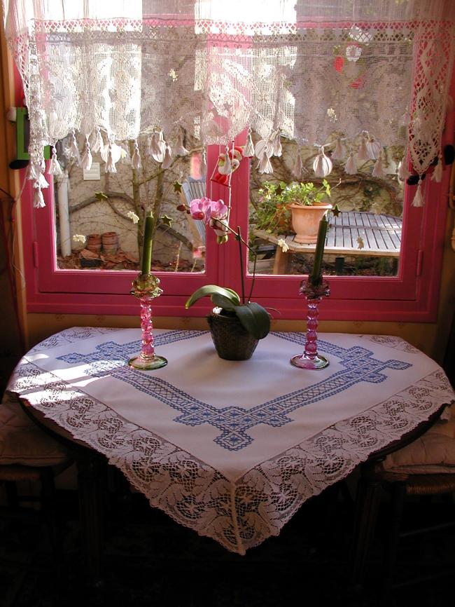 Lovely blue and white embroidered tablecloth with bobbin lace edging