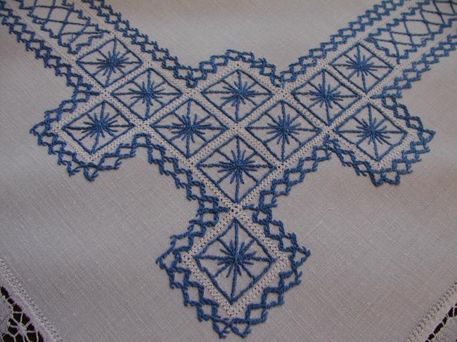 Lovely blue and white embroidered tablecloth with bobbin lace edging