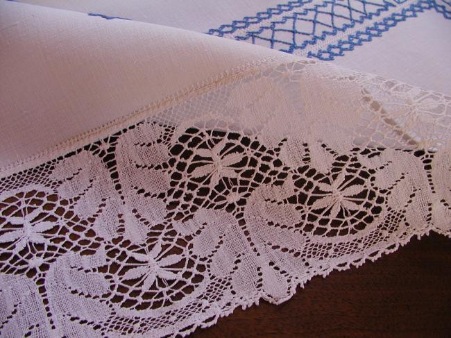 Lovely blue and white embroidered tablecloth with bobbin lace edging