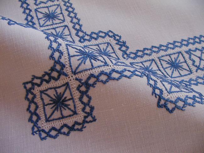 Lovely blue and white embroidered tablecloth with bobbin lace edging