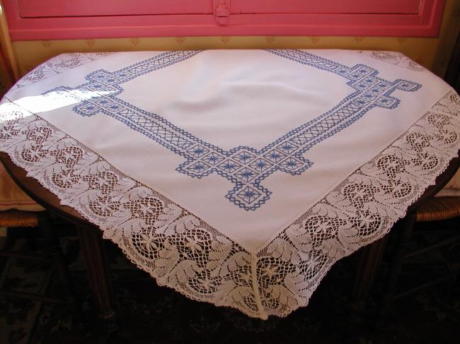 Lovely blue and white embroidered tablecloth with bobbin lace edging