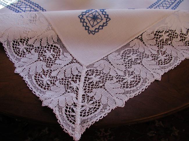 Lovely blue and white embroidered tablecloth with bobbin lace edging