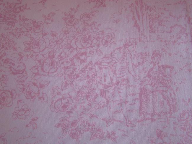 Coupon de coton imprimé fond blanc avec romantique motif toile de Jouy rose