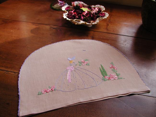 So sweet tea-cosy with embroidered crinoline lady in an english garden