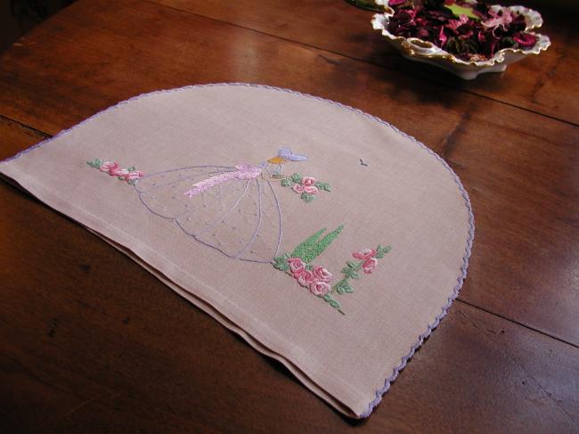 So sweet tea-cosy with embroidered crinoline lady in an english garden