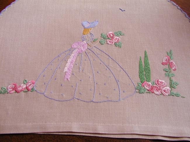 So sweet tea-cosy with embroidered crinoline lady in an english garden