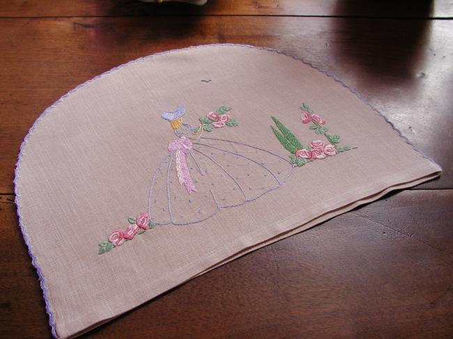 So sweet tea-cosy with embroidered crinoline lady in an english garden